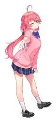 1girl ahoge arm_at_side black_shoes blue_bow blue_bowtie blush bow bowtie commentary contrapposto crossed_bangs flower full_body gakuon_(gakuto) green_eyes grin gyaru_v hair_bow hair_flower hair_ornament highres hololive long_hair long_sleeves looking_at_viewer low_twintails miniskirt one_eye_closed outstretched_arm pink_hair pink_nails pink_sweater plaid_clothes plaid_skirt pleated_skirt sakura_miko school_uniform shiraken!_shiranai_koto_kenkyukai shirt shoes sidelocks simple_background skirt smile socks solo standing sweater twintails v virtual_youtuber white_background white_shirt white_socks