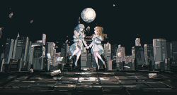 Rule 34 | 2girls, arch, black footwear, book, building, city, closed eyes, commentary, dress, floating, grey hair, hairband, highres, holding, holding book, holding hands, ligne claire, long hair, midair, moon, multiple girls, orange hair, outdoors, profile, reverse:1999, rubble, socks, sonetto (reverse:1999), two side up, vertin (reverse:1999), white dress, white hairband, white socks, zhizhizi