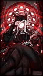 1girl absurdres ascot black_hair bloodborne closed_mouth commentary cosplay crossed_legs drag-on_dragoon drag-on_dragoon_3 english_commentary eyelashes flower flower_over_eye hat highres holding holding_sword holding_weapon k0himizu lady_maria_of_the_astral_clocktower lady_maria_of_the_astral_clocktower_(cosplay) long_hair pink_lips sitting sword tricorne weapon white_ascot white_hair zero_(drag-on_dragoon)