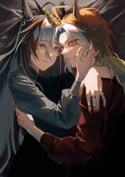 2girls absurdres ahoge animal_ears arm_around_neck black_hair blue_eyes commentary dark dream_journey_(umamusume) ear_ornament eyewear_strap g0ldmonk glasses hand_on_another&#039;s_back hand_on_another&#039;s_face highres horse_ears horse_girl jewelry long_hair long_sleeves looking_at_another multicolored_hair multiple_girls multiple_rings orange_hair orfevre_(umamusume) parted_lips purple_eyes red_nails red_shirt ring shirt siblings sisters smile streaked_hair umamusume watermark white_hair