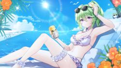 Rule 34 | 1girl, absurdres, ankle flower, armpits, bikini, blue sky, blurry, blurry foreground, bow, bow bikini, bracelet, breasts, can, cleavage, closed mouth, cloud, collarbone, day, diffraction spikes, double-parted bangs, drink can, eyewear on head, feet out of frame, flower, frilled bikini, frilled thigh strap, frills, green hair, hair between eyes, hair flower, hair ornament, hands up, hashtag-only commentary, highres, holding, holding can, horizon, jewelry, knee up, lens flare, looking at viewer, male focus, medium hair, navel, orange flower, outdoors, palm leaf, pearl bracelet, purple eyes, reclining, shore, side ponytail, simple bird, sky, smile, soda can, solo, specialty hon, stellive, stomach, sun, sunglasses, sunlight, swimsuit, thigh strap, virtual youtuber, water, white bikini, white flower, yellow flower, yuzuha riko