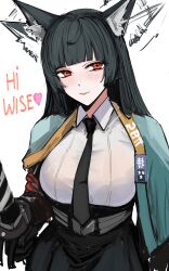 1girl absurdres animal_ears belt black_hair black_skirt blunt_bangs blush breasts closed_mouth cowboy_shot ear_wiggle fox_ears fox_girl grey_belt highres holding holding_sword holding_weapon hoshimi_miyabi long_hair looking_at_viewer medium_breasts motion_lines nero_watch red_eyes shirt simple_background skirt smile solo sword very_long_hair weapon white_background white_shirt zenless_zone_zero
