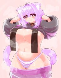 Rule 34 | 1girl, absurdres, animal ears, belly, blush, breasts, cat ears, cat girl, cat tail, choker, clothes lift, clothes pull, fang, groin, half-lidded eyes, heart, heart-shaped pupils, highleg, highleg panties, highres, hololive, hood, hoodie, hoodie lift, huge breasts, medium hair, navel, nekomata okayu, nekomata okayu (1st costume), panties, pants, pants pull, paw pose, purple eyes, purple hair, skin fang, smile, solo, striped clothes, striped panties, sweat, symbol-shaped pupils, tail, tentacle panjan, underboob, underwear, virtual youtuber, wide hips