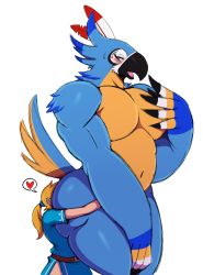 2boys anal anilingus ass beak bird blonde_hair blush body_fur brown_eyes eric_lowery furry heart highres hug huge_ass kass link long_hair male_penetrated multiple_boys nintendo nude open_mouth oral ponytail shirt simple_background smile standing the_legend_of_zelda the_legend_of_zelda:_breath_of_the_wild white_background yaoi