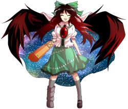 Rule 34 | 1girl, alphes (style), arm cannon, asymmetrical legwear, black wings, bow, brown eyes, brown hair, cape, dairi, feathered wings, full body, green bow, green skirt, hair bow, highres, long hair, looking at viewer, parody, reiuji utsuho, shirt, skirt, smile, solo, style parody, tachi-e, touhou, transparent background, weapon, white shirt, wings