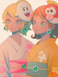 2girls artist_name bellhenge blonde_hair blue_eyes boo_(mario) brown_hair cheep_cheep cheep_cheep_masks_(mario) earrings flower_earrings gem hair_between_eyes japanese_clothes jewelry kimono looking_to_the_side mario_(series) mario_kart mario_kart_tour multiple_girls nintendo official_alternate_costume official_alternate_hairstyle orange_kimono ponytail princess_daisy princess_daisy_(yukata) princess_peach princess_peach_(yukata)_(mario_kart_tour) simple_background sphere_earrings white_kimono yukata