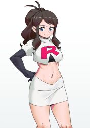 1girl antenna_hair black_gloves blue_eyes brown_hair closed_mouth commentary_request cosplay cropped_jacket elbow_gloves eyelashes game_freak gloves hand_on_own_hip hilda_(pokemon) jacket jessie_(pokemon) jessie_(pokemon)_(cosplay) knees logo long_hair looking_at_viewer makino_harumaki midriff navel nintendo pokemon pokemon_(anime) pokemon_bw ponytail sidelocks skirt smile solo team_rocket team_rocket_uniform white_jacket white_skirt