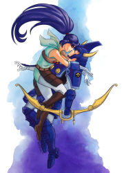 Rule 34 | 1boy, 1girl, armor, blue eyes, blue hair, bow (weapon), face-to-face, flying, frown, full body, gloves, grin, hashiba touma, helmet, horns, hug, imminent kiss, kayura, leotard, pantyhose, ponytail, ronin warriors, samurai, smile, sunrise (company), weapon, yoroiden samurai troopers