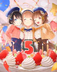 Rule 34 | 3girls, absurdres, balloon, beret, birthday cake, black hair, black hat, bow, bowtie, brown hair, cake, closed eyes, closed mouth, food, fruit, green eyes, grin, hair ornament, hat, highres, hololive, indie virtual youtuber, looking at viewer, maousoshi, multiple girls, one eye closed, oozora subaru, orange eyes, sendo yuuhi, shigure ui (vtuber), shigure ui (vtuber) (casual), shirt, skirt, smile, strawberry, sweater, teeth, virtual youtuber, vspo!, white hat, white shirt