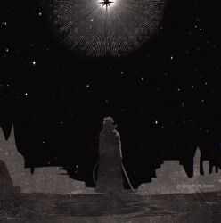 1boy black_hair distortion full_body full_moon glitch greyscale highres horizon male_focus monochrome moon night night_sky omniscient_reader&#039;s_viewpoint shadow sidelighting sky solo sparkle star_(sky) starry_sky vacation_town yoo_joonghyuk
