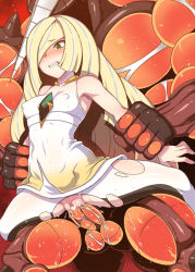 1boy 1girl arm_grab blonde_hair blush buzzwole censored clenched_teeth clothed_sex denki_showgun eyebrows gen_7_pokemon green_eyes hair_over_one_eye hetero highres lusamine_(pokemon) nintendo nipples novelty_censor penis pointless_censoring pokemon pokemon_sm pussy pussy_juice restrained sex spread_legs teeth testicles thighs torn_clothes ultra_beast vaginal