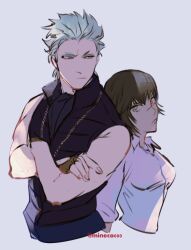 1boy 1girl artist_name back-to-back black_hair blue_eyes crossed_arms devil_may_cry devil_may_cry_(series) devil_may_cry_3 fingerless_gloves gloves green_eyes grey_background heterochromia lady_(devil_may_cry) mineco000 red_eyes scar scar_on_face scar_on_nose simple_background sketch vergil_(devil_may_cry) white_hair