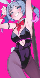 1girl :d absurdres amepa_(ame_pinecandy) animal_ears armpits black_leotard black_pantyhose blue_eyes blue_hair blush breasts clothing_cutout colored_inner_hair commentary detached_collar fake_animal_ears fake_tail grin hair_ornament hairband hatsune_miku heart heart_cutout highres leotard multicolored_hair necktie open_mouth pantyhose pink_background pink_hair playboy_bunny rabbit_ears rabbit_hole_(vocaloid) rabbit_tail red_necktie smile solo tail teardrop_facial_mark teeth twintails vocaloid white_hairband x_hair_ornament