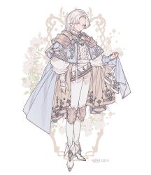Rule 34 | 1boy, armor, blue cloak, cloak, commentary, commission, elf, fashion, floral background, flower, frilled shirt, frills, full body, gold embroidery, knee armor, lemon89h, looking at viewer, male focus, original, pants, parted bangs, pointy ears, shirt, shoes, shoulder armor, solo, standing, white background, white flower, white hair, white pants, white shirt, white shoes, wrist cuffs