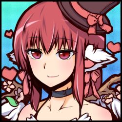 1girl animal_ears black_choker bow brown_hat cat_ears choker closed_mouth collarbone commentary_request hair_bow hat heart looking_at_viewer lowres pink_bow portrait ragnarok_iris ragnarok_online red_eyes red_hair short_hair smile solo top_hat upper_body wanderer_(ragnarok_online)