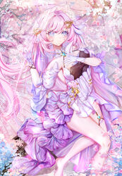 1girl absurdres barefoot blue_eyes breasts chinese_commentary commentary_request dress elysia_(honkai_impact) falling_petals gloves highres honkai_(series) honkai_impact_3rd large_breasts long_hair looking_at_viewer lying official_alternate_costume on_side petals pink_hair smile solo su_you veil very_long_hair white_dress white_gloves white_veil