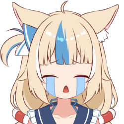 1girl ahoge animal_ear_fluff animal_ears blonde_hair blue_hair cat_ears closed_eyes crying_emoji emoji fish_girl gba_jasjas indie_virtual_youtuber lifebuoy_hair_ornament long_hair low_twintails meme multicolored_hair open_mouth sameko_saba simple_background streaked_hair twintails uohhhhhhhhh!_(meme) virtual_youtuber white_background