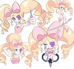 1girl ass bikini blonde_hair blue_eyes boots bow breasts cleavage colored_eyepatch dress drill_hair eyepatch frown harime_nui heart highres kill_la_kill lolita_fashion looking_up lotsalalalas needle pink_boots pink_bow pink_dress scissors sitting smile swimsuit tongue tongue_out twin_drills tying_hair white_background wrist_cuffs