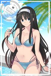 Rule 34 | 1girl, bikini, black hair, blue sky, bracelet, breasts, collarbone, grey bikini, hairband, halterneck, highres, hirakawa, jewelry, long hair, looking at viewer, navel, palm leaf, poolside, side-tie bikini bottom, sky, solo, swimsuit, tohno akiha, tsukihime, white hairband