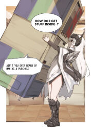 1girl absurdres armor armored_boots boots brown_eyes cloak english_text full_body goddess_of_victory:_nikke highres lifting_object long_hair no_mouth profile shio_butter_(obscurityonline) shoulder_armor snow_white_(nikke) thighs vending_machine visor_(armor) white_cloak white_hair