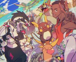 1girl 2boys ^_^ alolan_form alolan_raichu alternate_color alternate_costume animal_nose asymmetrical_bangs ball beach beachball black_choker black_fur black_hair black_nails black_shirt blue_eyes blue_sky bracelet brother_and_sister brown_fur chewing choker chromatic_aberration closed_eyes cloud collar colored_sclera colored_skin cup dark-skinned_male dark_skin dot_nose drink drinking_straw duraludon dynamax_band earrings eyeshadow eyewear_on_head floating flower flygon flying food food_in_mouth food_on_face gen_3_pokemon gen_6_pokemon gen_7_pokemon gen_8_pokemon goodra green_eyes grey_eyeshadow grin hair_flower hair_ornament hair_pulled_back half-closed_eyes hand_up highres holding holding_ball holding_cup holding_drink holding_food innertube jewelry long_tongue looking_at_viewer makeup malasada marnie_(pokemon) mean_to_you morpeko multicolored_fur multicolored_hair multiple_boys muscular muscular_male nail_polish necklace nintendo no_headwear obstagoon official_alternate_color on_shoulder one_eye_closed open_mouth orange_skin orange_tank_top pale_skin palm_tree piers_(pokemon) poke_bean pokemon pokemon_(creature) pokemon_on_shoulder pokemon_swsh ponytail profile raihan_(pokemon) red-tinted_eyewear red_flower red_sclera ring shiny_pokemon shirt short_hair siblings sky smile stud_earrings summer sunglasses swim_ring tank_top tinted_eyewear tongue tongue_out torkoal tree turtonator twintails two-tone_hair undercut v water white_fur white_hair yellow_fur