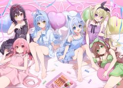6+girls absurdres ahoge barefoot black_dress black_hair blonde_hair blue_dress blue_eyes blue_hair blush breasts brown_hair candy colored_inner_hair commentary_request cookie dress feet food from_above full_body green_dress green_eyes hair_intakes heterochromia highres kaede_(kise_itsuki) kanon_(kise_itsuki) kise_itsuki large_breasts long_hair looking_at_viewer macaron miku_(kise_itsuki) momo_(kise_itsuki) mugi_(kise_itsuki) multicolored_hair multiple_girls nightgown open_mouth original pink_dress pink_eyes pink_hair purple_eyes purple_hair red_eyes short_hair sitting small_breasts smile twintails two-tone_hair white_dress white_hair yellow_eyes yuki_(kise_itsuki)