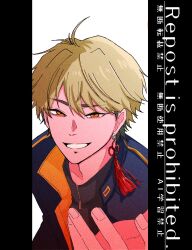 1boy ahoge black_hair black_shirt blonde_hair blue_jacket earrings english_text ese000_0 grin hair_behind_ear highres implied_yaoi jacket jewelry looking_at_viewer male_focus multicolored_hair open_hand orange_eyes pillarboxed shiguang_dailiren shirt short_hair single_earring smile solo tassel tassel_earrings turtleneck white_background xia_fei zipper zipper_pull_tab