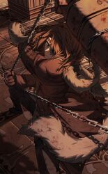 14_shizu 1boy battle blood blood_on_clothes brown_background brown_coat brown_hair chain coat coffin dynamic_pose eyepatch fur_trim glaring gloves heathcliff_(project_moon) highres limbus_company looking_back male_focus medium_hair project_moon sepia solo tail wolf_tail wuthering_heights_(identity)_(project_moon)