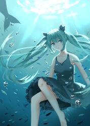 Rule 34 | 1girl, air bubble, aqua hair, bare arms, bare legs, bare shoulders, barefoot, black bow, black dress, blue eyes, bow, breasts, bubble, cleavage, closed mouth, collarbone, commentary, dappled sunlight, dot nose, dress, expressionless, feet, flat chest, floating, floating hair, foot out of frame, frilled dress, frills, hair between eyes, hair bow, hatsune miku, highres, kirina zero, knees, light frown, long hair, looking to the side, medium dress, school of fish, shinkai shoujo (vocaloid), sitting, sleeveless, sleeveless dress, solo, sundress, sunlight, underwater, very long hair, vocaloid, whale