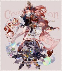 Rule 34 | 1girl, black skirt, closed eyes, commission, english text, eyeball hair ornament, full body, green eyes, hair ornament, hairclip, high heels, highres, holding, holding staff, juliet sleeves, long hair, long sleeves, mole, mole under eye, octopus, original, pink hair, plant, potted plant, puffy sleeves, red shoes, sheep, shoes, skirt, skull, solo, staff, takeno zhuye, tentacles, tower, very long hair, watermark, zzz