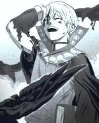 1boy :d absurdres bird blood blood_from_forehead blood_on_face book bruise bruise_on_face cape closed_eyes commentary crow fire_emblem fire_emblem_awakening greyscale hand_on_own_forehead henry_(fire_emblem) highres holding holding_book injury kwajia3 male_focus monochrome mystical_high_collar nintendo open_mouth short_hair smile solo teeth torn_clothes torn_sleeves upper_body upper_teeth_only white_hair