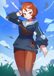 1girl arezu_(pokemon) black_shorts brown_bag brown_eyes chaki_illustrator cloud collarbone commentary_request cowlick day grin hand_up highres jacket long_sleeves looking_down nintendo outdoors pantyhose pokemon pokemon_legends:_arceus shorts sky smile solo standing teeth
