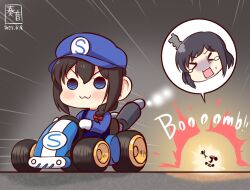 2girls :3 artist_logo black_hair blue_eyes blue_hat blue_shirt braid cosplay dated explosion go-kart hat headgear kanon_(kurogane_knights) kantai_collection logo mario mario_(cosplay) mario_(series) mario_kart multiple_girls nintendo parody shigure_(kancolle) shirt short_hair single_braid spoken_character super_mario_kart yamashiro_(kancolle)
