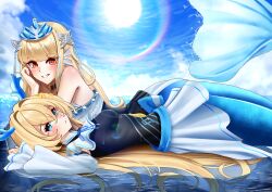 2girls absurdres blonde_hair blue_eyes blue_sky blue_tail blush breasts cloud commentary commission day detached_sleeves english_commentary fins from_side grin hair_intakes hair_spread_out hand_on_own_cheek hand_on_own_face head_fins highres long_hair lying manjo_(warito) mermaid monster_girl multiple_girls on_back on_tail original outdoors pixiv_commission sky smile sun very_long_hair white_sleeves
