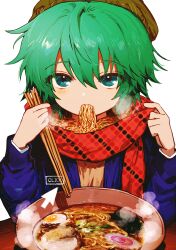 Rule 34 | 1boy, absurdres, ai-generated art (topic), ai drawing anime characters eating ramen (meme), ai shin, aqua eyes, aqua hair, beret, blue jacket, chopsticks, egg, food, green hat, hands up, hat, highres, hiyori sou, holding, holding chopsticks, jacket, jihecchi, kamaboko, kimi ga shine, male focus, meme, narutomaki, noodles, polka dot, polka dot scarf, ramen, red scarf, scarf, simple background, solo, steam, white background