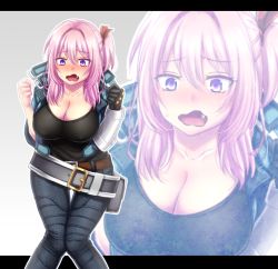 Rule 34 | 1girl, bent over, blush, breasts, cleavage, embarrassed, fangs, female focus, gloves, hair ornament, junrei (nyorori), large breasts, long hair, nyorori (tatsutaage), open mouth, original, pink hair, purple eyes, ribbon, side ponytail, single glove, solo, thighs, wavy mouth