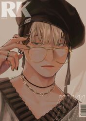 Rule 34 | ambiguous gender, barcode, beret, black hat, brown eyes, brown hair, earrings, expressionless, green nails, hat, highres, jewelry, looking at viewer, necklace, original, portrait, ring, ry aw, shadow, short hair, signature, solo