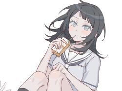 1girl bang_dream! bang_dream!_it&#039;s_mygo!!!!! black_hair black_socks blue_eyes blue_neckerchief blue_shirt commentary drinking_straw drinking_straw_in_mouth fondy_(fondy1999) highres holding_carton kneehighs medium_hair neckerchief sailor_collar school_uniform serafuku shirt short_sleeves simple_background socks solo symbol-only_commentary white_background white_sailor_collar yahata_umiri