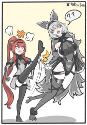2girls alternate_breast_size alternate_height angry animal_ears black_bodysuit black_hairband black_thighhighs bodysuit breast_size_switch breasts claws detached_sleeves fake_animal_ears fang flat_chest goodcu grey_bodysuit grey_thighhighs grin hair_intakes hairband height_switch high_heels highleg highres large_breasts long_hair long_sleeves multiple_girls no._21:_feral_scent_(pgr) no._21_(pgr) open_mouth ponytail punishing:_gray_raven red_eyes red_hair sidelocks sleeveless sleeveless_bodysuit smile thighhighs vera:_garnet_(pgr) vera_(pgr) very_long_hair wide_sleeves wolf_ears