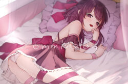 1girl :d ass blunt_bangs blurry blush depth_of_field dress fallenshadow grey_dress highres hiwokawa indie_virtual_youtuber leg_ribbon looking_at_viewer lying on_bed on_side open_mouth panties purple_eyes purple_hair ribbon short_hair smile solo underwear virtual_youtuber