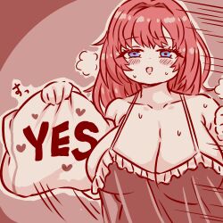 1girl azur_lane babydoll bare_shoulders blue_eyes blush breasts collarbone frilled_babydoll hand_up heart highres holding holding_pillow huge_breasts kazan_(azur_lane) kazan_(the_warm_morning_sunshine)_(azur_lane) looking_at_viewer medium_hair official_alternate_costume pillow pink_hair sassa_(onion) sketch solo sweat upper_body yes-no_pillow