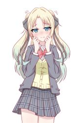 1girl alternate_costume blazer blonde_hair blush bow bowtie cardigan collared_shirt commentary_request cowboy_shot curtained_hair dress_shirt embarrassed fang fang_out flying_sweatdrops grey_jacket grey_ribbon grey_skirt hair_intakes hair_ribbon highres jacket link!_like!_love_live! long_sleeves loose_bowtie love_live! miniskirt nose_blush open_clothes open_jacket osawa_rurino parted_bangs plaid_clothes plaid_skirt pleated_skirt red_bow red_bowtie ribbon school_uniform shirt simple_background skirt smile solo split_mouth standing toniko_(ncmk_yua) twintails virtual_youtuber wavy_mouth white_background white_shirt yellow_cardigan