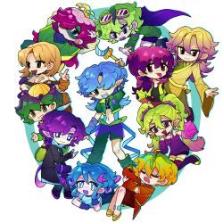 Rule 34 | 4boys, 6+girls, :d, :p, ahoge, annotated, arms behind head, asymmetrical pants, bandana, bandana around neck, bare shoulders, black boots, black coat, black shirt, black shorts, blonde hair, blue arm warmers, blue eyes, blue hair, blue tongue, boots, breasts, bright pupils, brown arm warmers, brown eyes, brown hair, brown shorts, cape, chinese commentary, closed mouth, coat, colored skin, colored tips, colored tongue, commentary request, conceal mint, crescent, cropped jacket, curtained hair, deformed, detached sleeves, double-parted bangs, drooling, dusk lobber (plants vs zombies), ear piercing, earrings, eye mask, fang, fewer digits, flat chest, flipped hair, full body, gloom-vine, goggles, goggles on head, gradient hair, green eyes, green hair, green jacket, green mask, green pants, green shirt, grimrose (plants vs. zombies), grin, hair behind ear, hair between eyes, hair ornament, hair over one eye, hat, highres, holding, holding scepter, hood, hood down, hooded jacket, index finger raised, ive0iv7307, jacket, japanese clothes, jewelry, kimono, knee boots, leaf hair ornament, long hair, looking at object, looking at viewer, low twintails, lying, moonflower (plants vs zombies), mouth drool, multicolored hair, multiple boys, multiple girls, murkadamia nut, navel, necklace, nightshade (plants vs zombies), noctarine, off-shoulder shirt, off shoulder, on back, on stomach, one eye covered, open clothes, open coat, open jacket, open mouth, pants, personification, piercing, pink hair, pink hood, pink sleeves, plants vs. zombies, plants vs. zombies 2, plants vs. zombies 2 (chinese), pointy ears, purple bandana, purple boots, purple cape, purple eyes, purple hair, purple pants, purple shirt, purple shorts, reaching, sandals, scepter, shadow-shroom, shadow peashooter (plants vs zombies), shadow vanilla, shirt, short hair, short shorts, short sleeves, shorts, simple background, single detached sleeve, sleeping, small breasts, smile, spiked hair ornament, tassel, tassel earrings, teeth, thigh boots, tongue, tongue out, twintails, two-tone hair, upper teeth only, white background, white pupils, white skin, wide sleeves, yellow hat, yellow kimono, yellow sandals