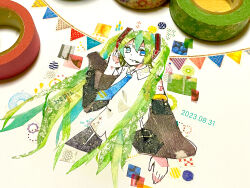 1girl 2023 absurdres aqua_eyes art_tools_in_frame asagi_kino black_skirt black_sleeves blue_eyes blue_necktie bunting collared_shirt commentary_request cropped_torso dated detached_sleeves green_hair hair_between_eyes hair_ornament hand_up happy_birthday hatsune_miku headset heterochromia highres long_hair looking_at_viewer masking_tape_(medium) mixed_media necktie photo_(medium) shirt shoulder_tattoo sidelocks skirt sleeveless sleeveless_shirt smile solo tattoo traditional_media twintails unconventional_media very_long_hair vocaloid white_shirt wide_sleeves