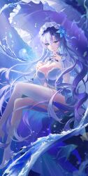 Rule 34 | 1girl, absurdres, asymmetrical legwear, blue eyes, blue flower, breasts, cantarella (wuthering waves), commentary, dress, earrings, facial mark, fingernails, flower, hair between eyes, hair flower, hair ornament, hand up, headdress, high heels, highres, holding, holding umbrella, jewelry, large breasts, legwear cutout, long hair, looking at viewer, mark under eye, nail polish, parasol, parted lips, purple hair, purple nails, purple umbrella, shoes, shrug (clothing), single thighhigh, smile, socks, sohan (sohan 416), solo, symbol-only commentary, thighhighs, thighs, umbrella, uneven legwear, very long hair, white dress, white shoes, white shrug, white socks, white thighhighs, wuthering waves