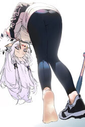 1girl arms_behind_back ass bandaid bandaid_on_face baseball_bat black_leggings blue_archive blush drive_shot flying_sweatdrops from_below hair_tubes halo highres himari_(blue_archive) jacket leggings long_hair long_sleeves looking_at_viewer metal_baseball_bat multicolored_halo open_mouth pointy_ears purple_eyes shoes simple_background single_bare_foot single_shoe solo standing white_background white_hair white_halo white_jacket