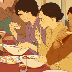 Rule 34 | 2girls, 55bata6rou, alcohol, black hair, bottle, bowl, brown eyes, chopsticks, cup, drinking, drinking glass, dumpling, eating, food, highres, holding, holding chopsticks, holding spoon, indoors, japanese clothes, jiaozi, kimono, long sleeves, looking at another, maiko-san chi no makanai-san, momoko (maiko-san chi no makanai-san), multiple girls, noodles, people, profile, purple kimono, ramen, short hair, sitting, smile, spoon, table, water, yellow kimono