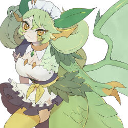 1girl black_dress breasts cleavage dragon_girl dragon_tail dragon_wings dragonmaid_lorpar dress duel_monster frilled_dress frills highres kokodari large_breasts looking_at_viewer maid maid_headdress parlor_dragonmaid scales simple_background smile solo tail thighhighs thighs transformation twintails white_background wings yu-gi-oh! zettai_ryouiki