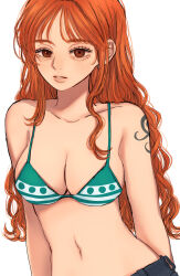 1girl absurdres aegyo_sal bikini breasts collarbone commentary green_bikini highres long_hair looking_at_viewer medium_breasts nami_(one_piece) navel norimaki_(seidan0611) one_piece orange_hair shoulder_tattoo simple_background solo stomach string_bikini swimsuit tattoo upper_body very_long_hair white_background