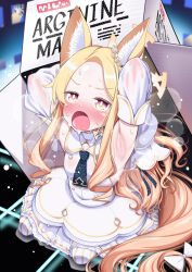 1girl absurdres animal_ear_fluff animal_ears armpits blue_archive blush box cardboard_box cross_halo detached_sleeves dress extra_ears flower_wreath forehead fox_ears fox_girl gradient_eyes halo highres hot kneeling loli multicolored_eyes necktie open_mouth pantyhose seia_(blue_archive) short_necktie sleeve_bow sleeveless sleeveless_dress sleeves_past_fingers sleeves_past_wrists solo steaming_body striped_clothes striped_pantyhose sweat vertical-striped_clothes vertical-striped_pantyhose white_dress yellow_halo yokojima_kemomi_mi_chuushin